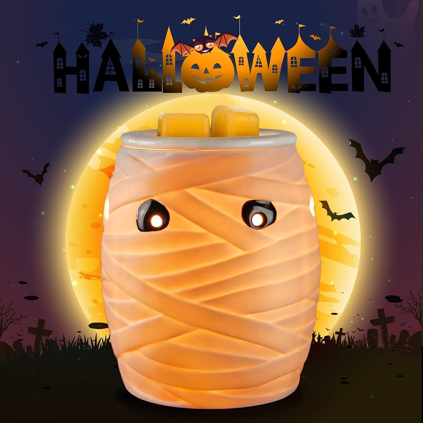 Halloween Pluggable Fragrance Warmer Wax Melter for Home/Dorm/Office No Flame No Smoke No Soot Packaged Together with Two Bulbs - Spooky Mummy