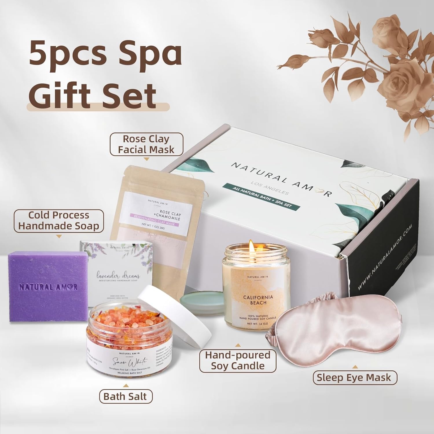 Natural Amor Handmade Spa Gift Set, Relaxing 5Pcs Self Handmade Skin Care Sets Gift Package for Women, Birthday Gift, Natural Gift Idea,Spa Gifts for Women