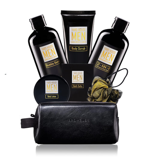 Bath and Body Spa Gift Baskets Set for Men - Sandalwood Amber - 7Pc Spa Kit W. Full Size Items in Leather Toiletry Bag - Christmas Holiday Gifts for Him, Birthday, Fathers Day Gifts Idea
