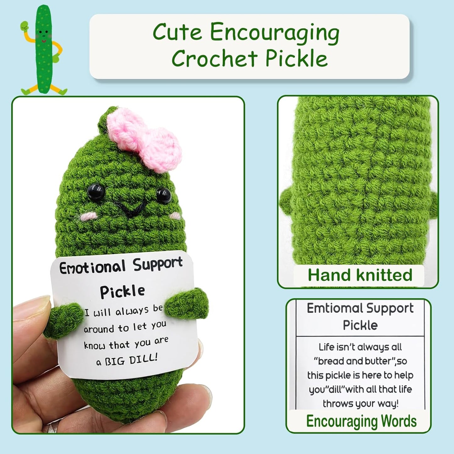 Emotional Encouraging Support Pickle,Funny Encouraging Pickle with Emotional Encouraging Card,Cute Knitted Crochet Dolls Soft Plush for Friend Gifts (Pickle)