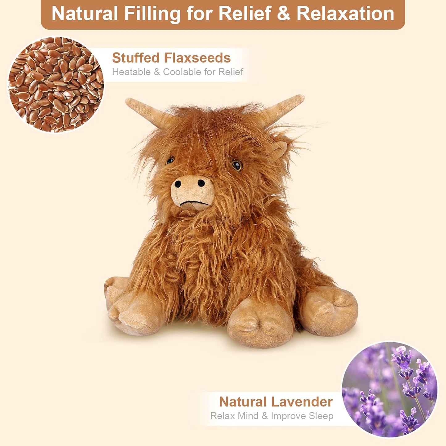 Highland Cow Stuffed Animals, Microwavable Stuffed Animals Heating Pad for Cramps & Pain, Lavender Scented Highland Cow Plush for Stress Relief, Stuffed Cow Gifts Plush Toys, Highland Cattle
