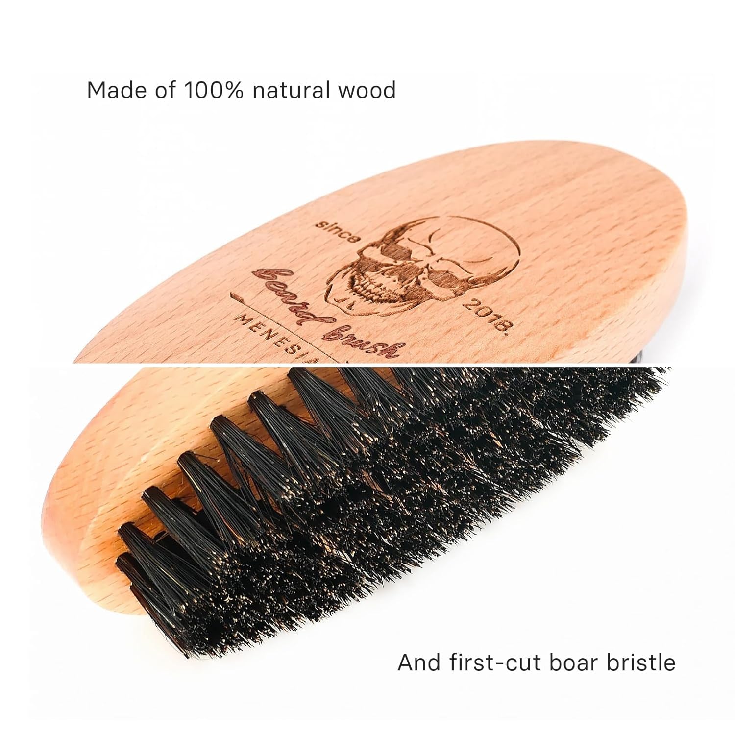 Boar Bristle Hair Beard Brush for Men, Small Soft Beard Brush, Pocket Travel Men'S Wooden Mustache Brush (Skull)
