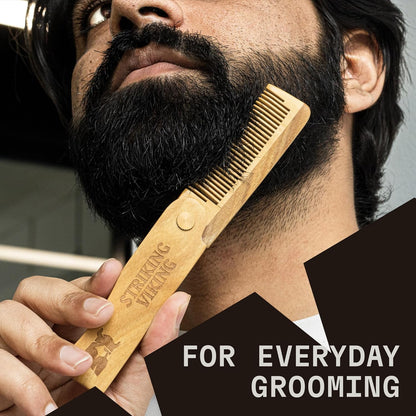Folding Wooden Comb for Men - Sandalwood Switchblade Beard Comb for Grooming and Styling - Use Dry or with Oils & Balms