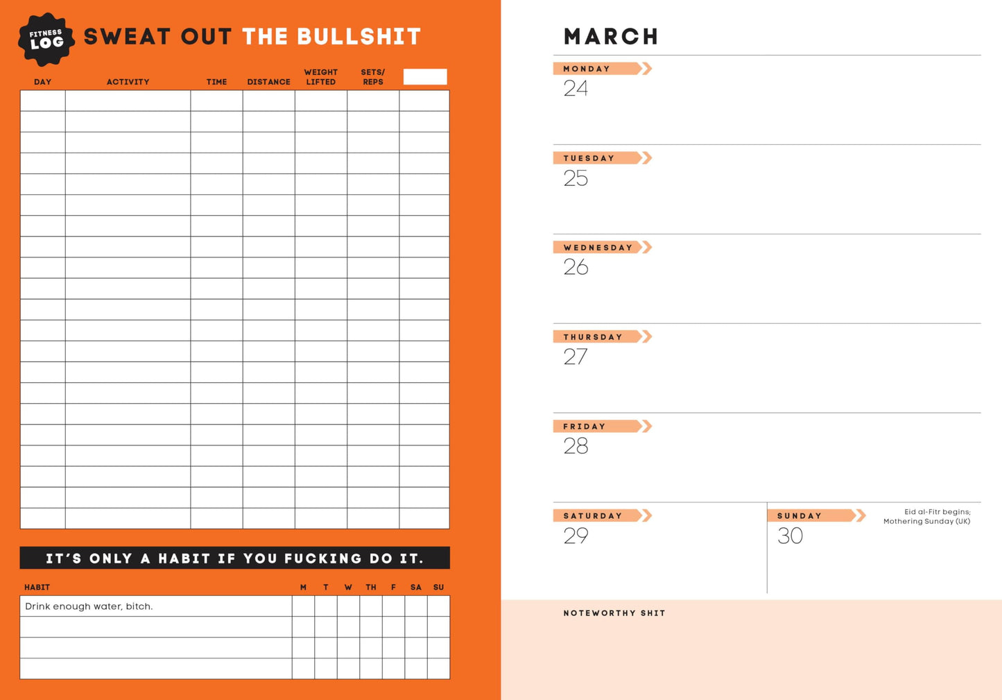 Calendars & Gifts to Swear By: 2025 No F*Cking Excuses Fitness Tracker: a Planner to Cut the Bullsh*T and Crush Your Goals This Year (Other)