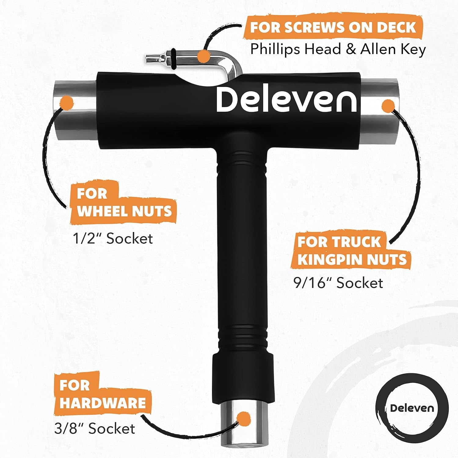 Deleven Skate Tool All-In-One Lightweight Portable Skateboard Tool - T Tool with Allen Wrench, Phillips Head Screwdriver - Adjust Roller Skates, Longboards, Skateboards, Quads, Wheels, Trucks, Kingpin