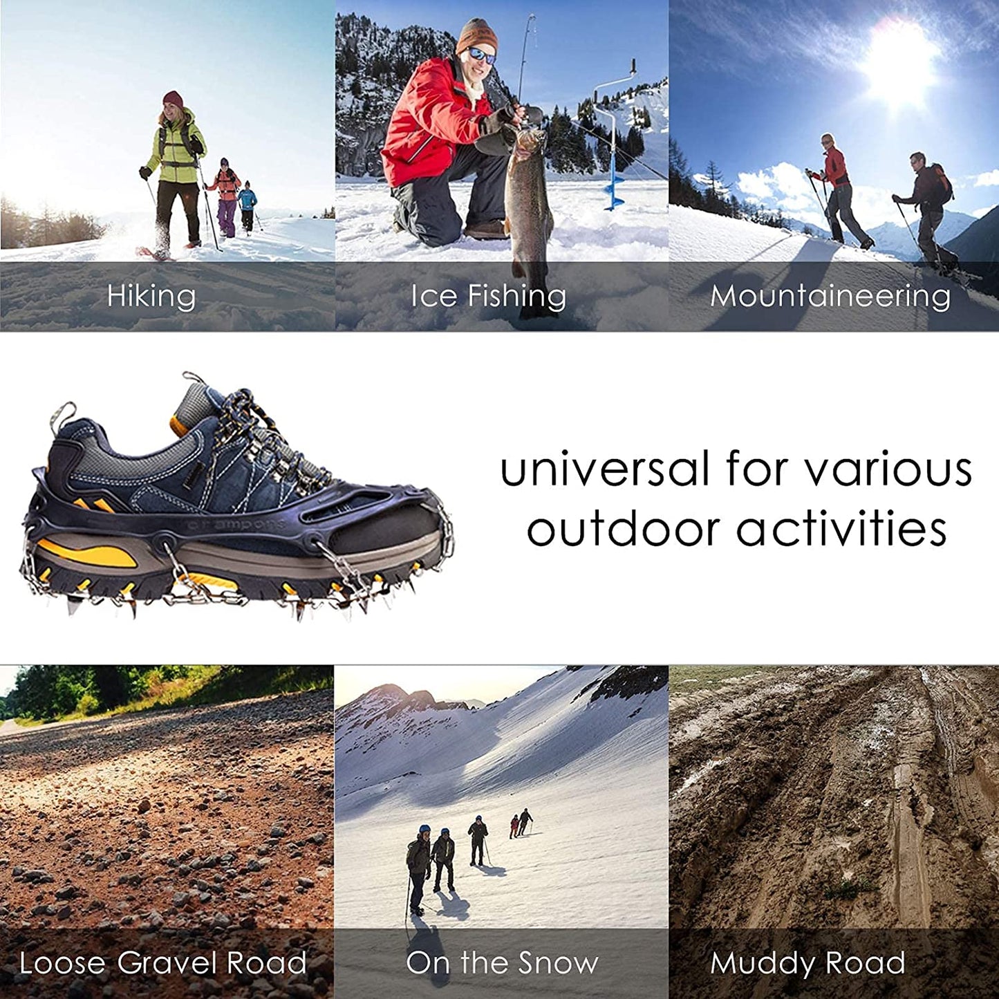 Crampons Ice Cleats Traction Snow Grips for Boots Shoes Women Men anti Slip 19 Stainless Steel Spikes Safe Protect for Hiking Fishing Walking Climbing Mountaineering